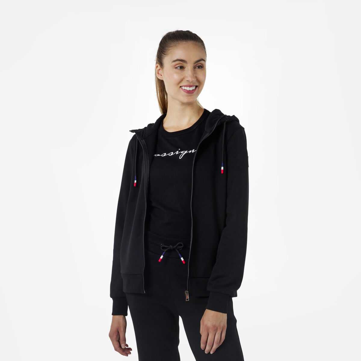 Rossignol Logo Damensweatshirt mit Kapuze und durchgehendem Reißverschluss black