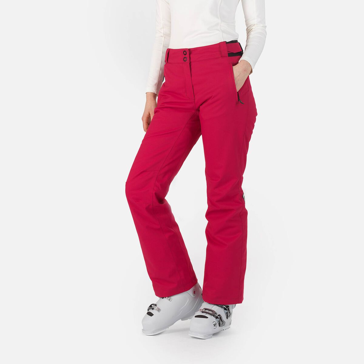 Maroon ski pants with burgundy racer stripe