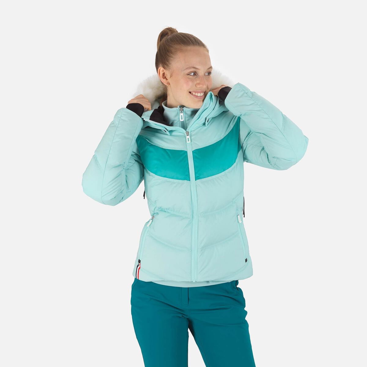 Women's stretch polyester ski jacket with detachable hood